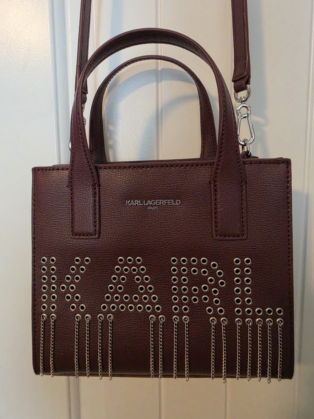 Karl Lagerfeld Burgundy Studded Fringe Mini Satchel